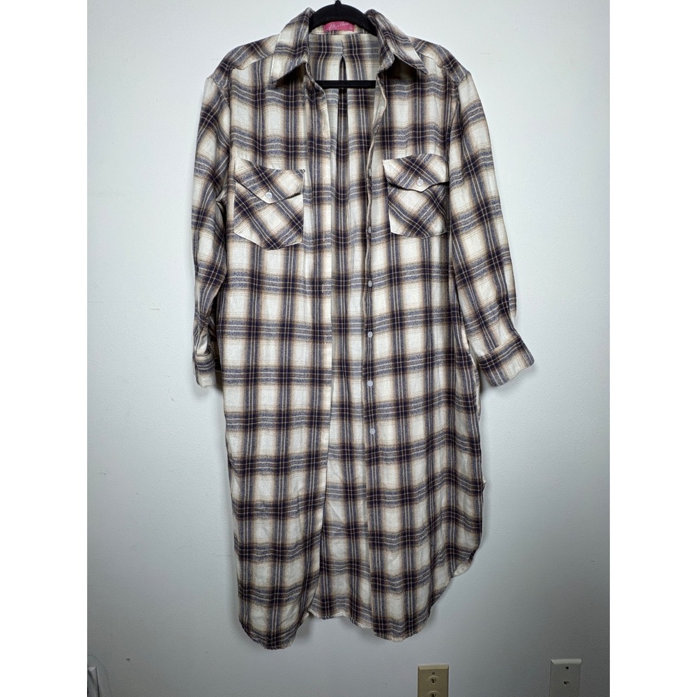 Lillys Kloset Plaid Shirt Dress Brown Cream Longline Midi Button Down TYM8201 M